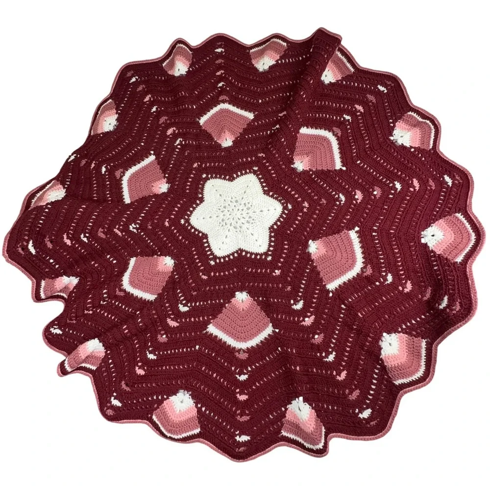 Handmade Crochet 12 Point Star Mandala‎ Blanket Throw Burgundy Pink Round 50